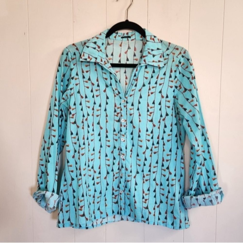Cantao Brazil Long Sleeve Cotton Blouse Top Boho Novelty Print Lagenlook Artsy